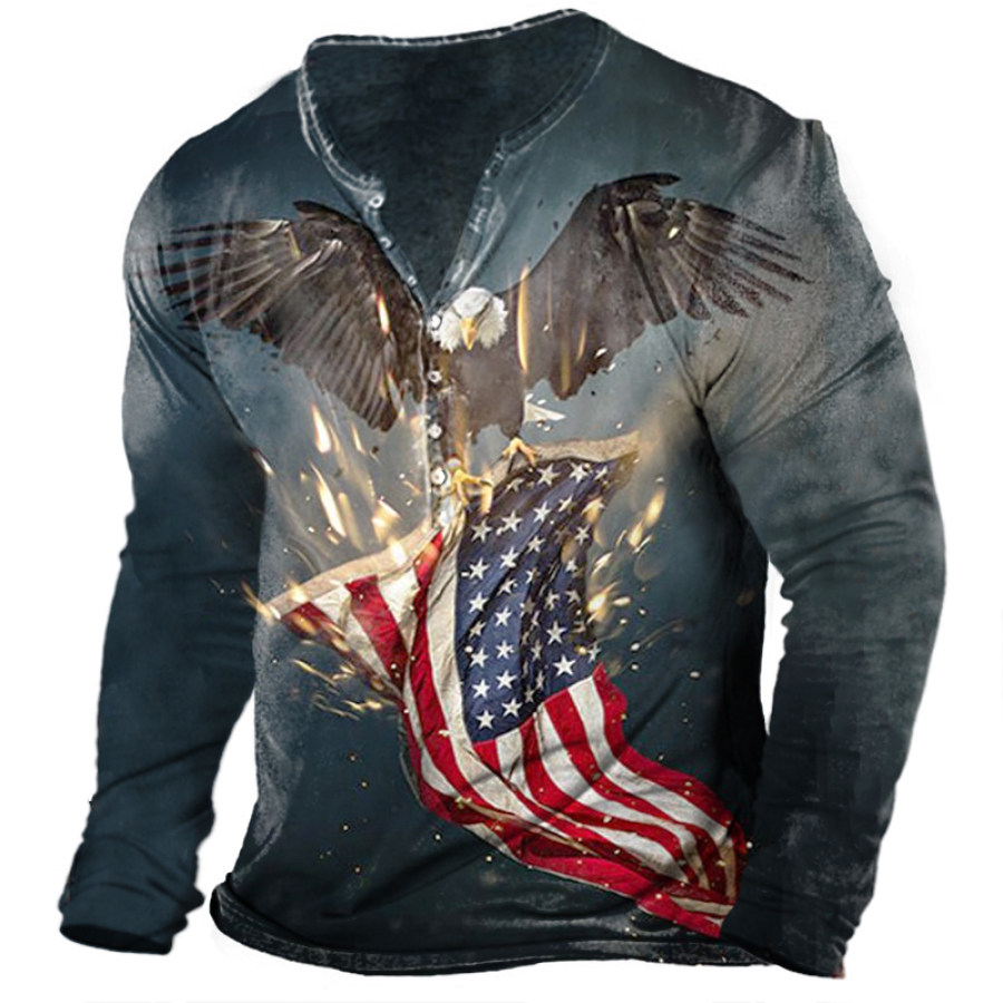 

Men's Vintage Flag Print Henley Long Sleeve T-Shirt