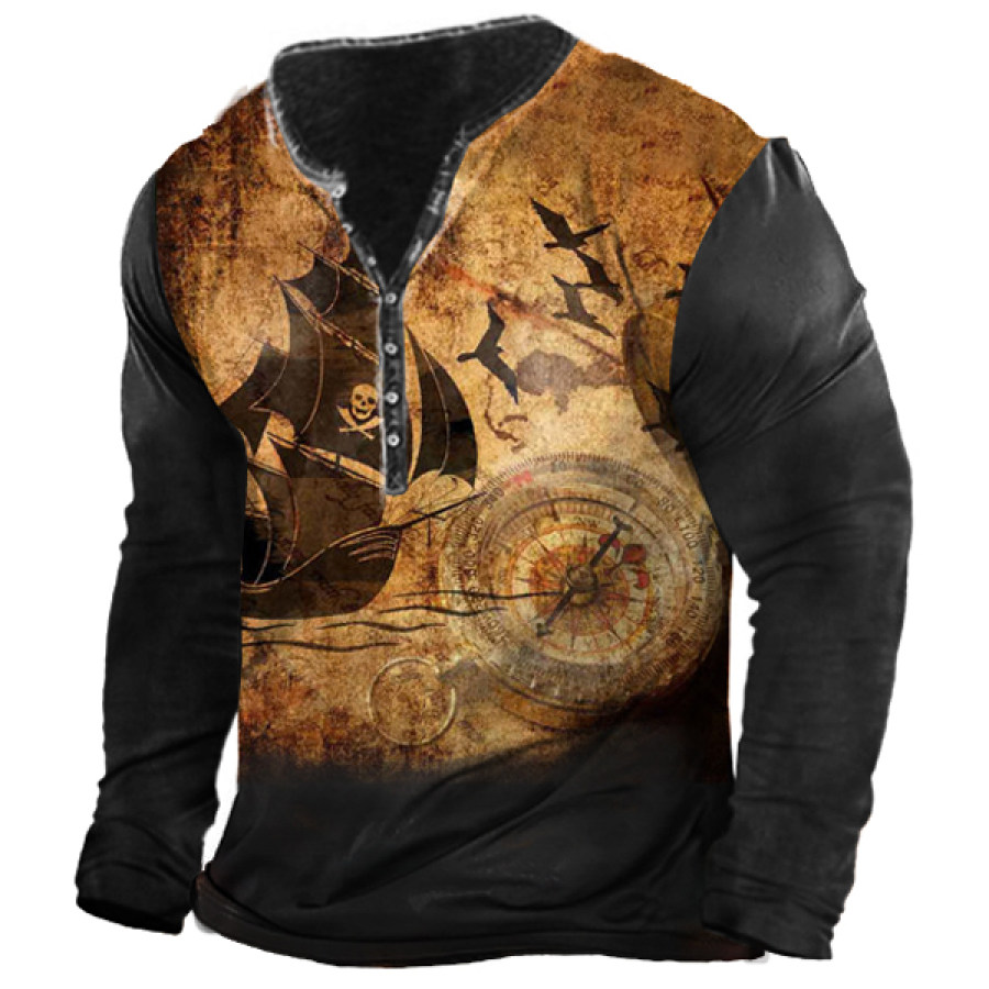 

Pirate Ship Vintage Print Men's Henley Long Sleeve T-Shirt