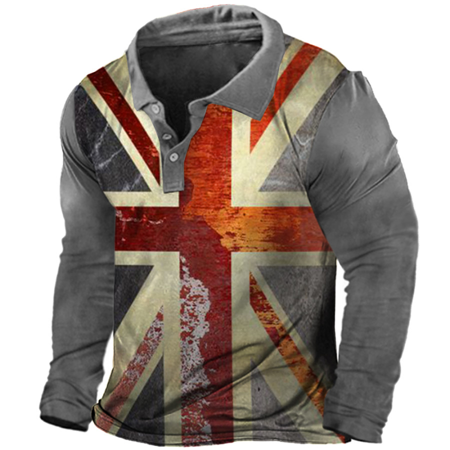 

British Flag Print Men's Outdoor Polo Neck Long Sleeve T-Shirt