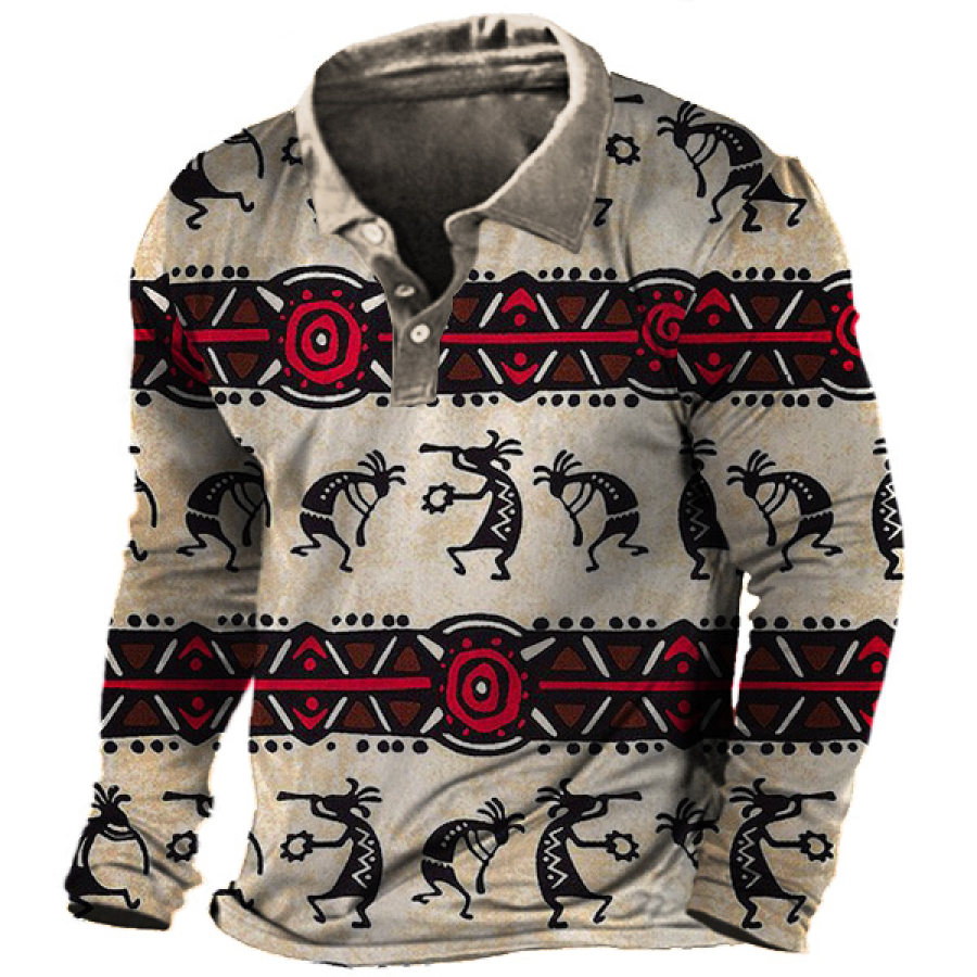 

Men's Vintage Ethnic Geometric Polo Long Sleeve T-Shirt