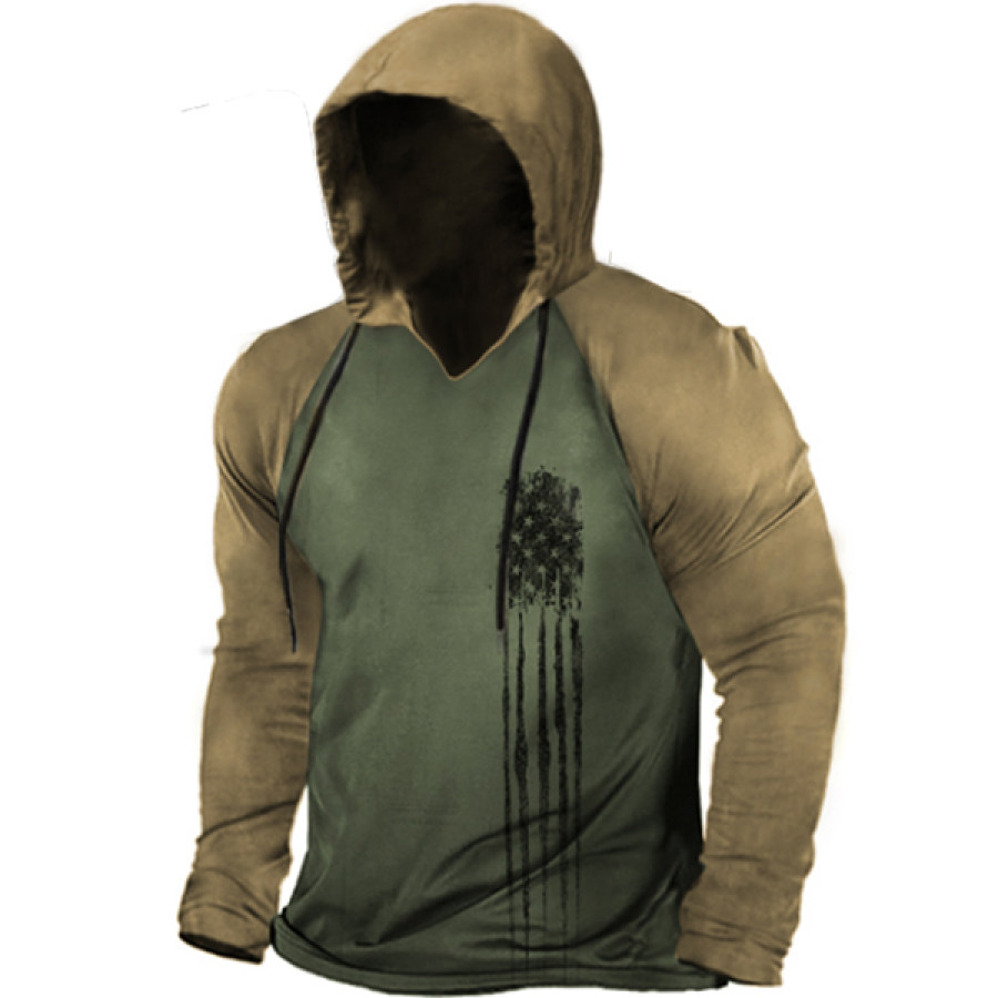 

Men's Vintage American Flag Print Outdoor Tactical Long Sleeve Hooded T-Shirt