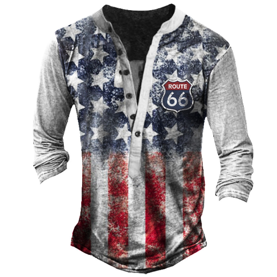 

Men's Route 66 American Flag Print Henley Long Sleeve T-Shirt