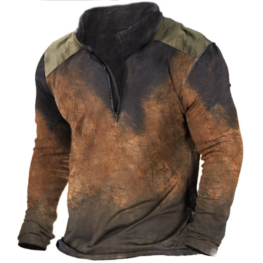 

Vintage Wash Print Men's Outdoor Tactical Zipper Half Open Collar Shirt