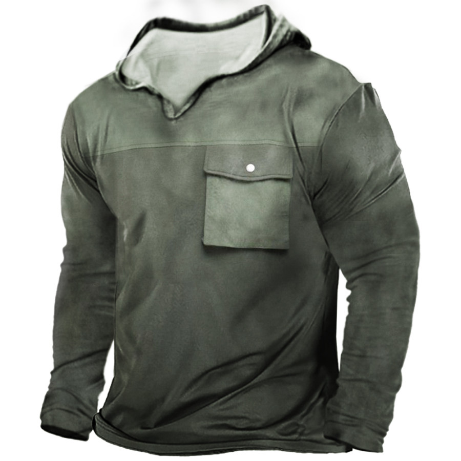 

Men's Outdoor Colorblock Pocket Hooded Long Sleeve T-Shirt