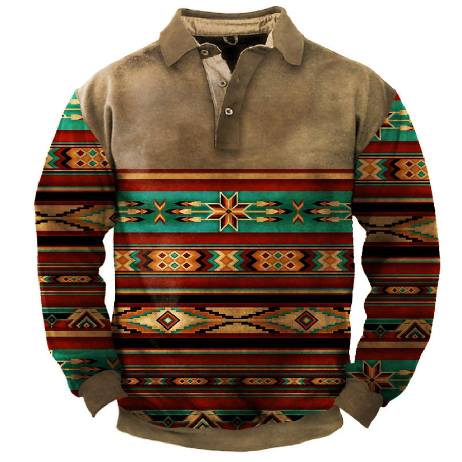 

Men's Outdoor Western Ethnic Print Tactical Polo Collar Sweatshirt