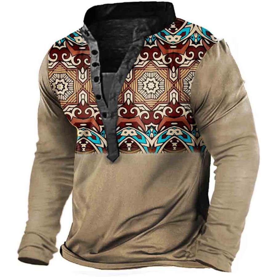 

Men's Vintage Ethnic Geometric Print Henley Long Sleeve T-Shirt