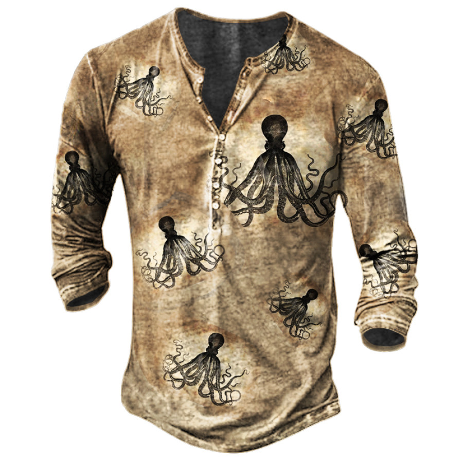

Vintage Nautical Octopus Print Men's Long Sleeve Henley T-Shirt