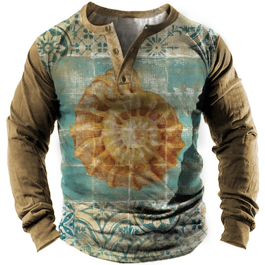 

Men's Vintage Conch Ethnic Print Henley Long Sleeve T-Shirt