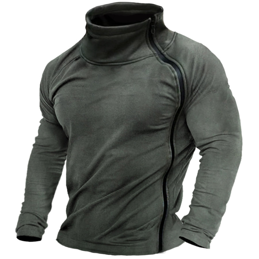 

Men's Outdoor Vintage Zip Solid High Neck Long Sleeve T-Shirt
