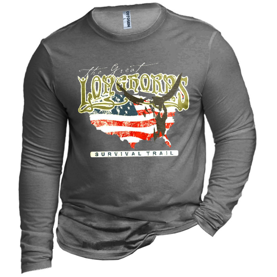 

Men's American Flag Outdoor Animal Print Long Sleeve Cotton T-Shirt