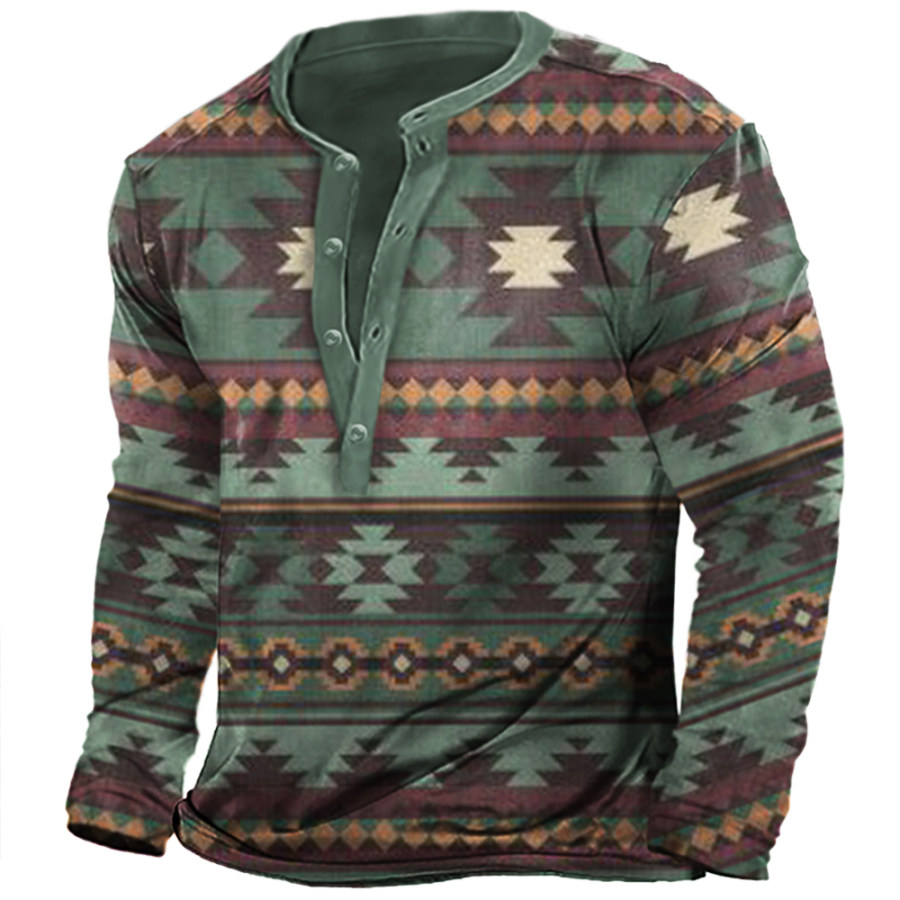 

Men's Vintage Western Geometric Print Henley Collar Long Sleeve T-Shirt