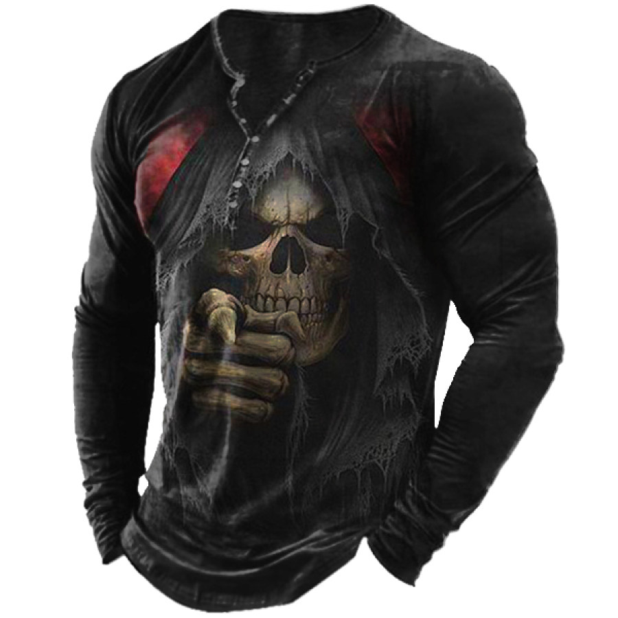 

Men's Vintage Dark Skull Print Halloween Henley Collar Long Sleeves T-shirt