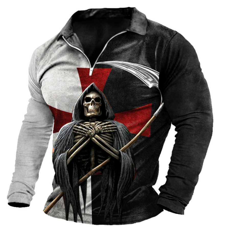 

Men's Contrast Color Reaper Cross Print Half Open Collar Long Sleeve T-Shirt