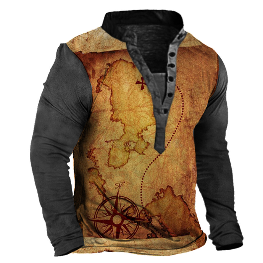 

Men's Casual Compass And Treasure Map Print Henley Long Sleeve Shirt