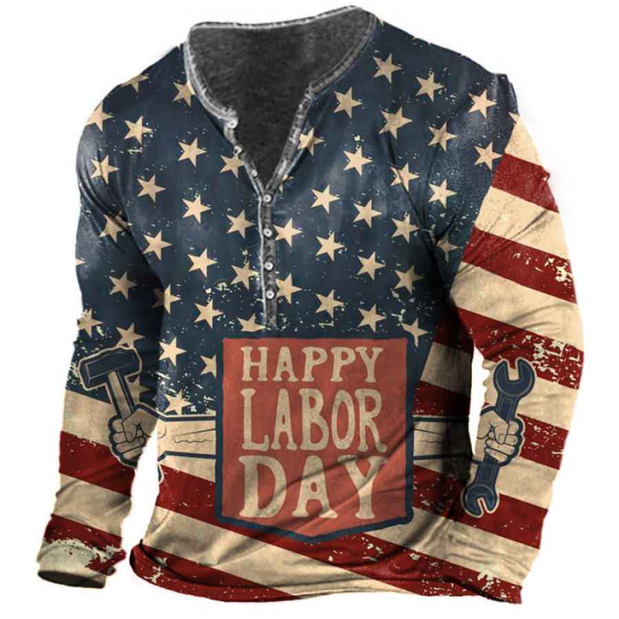 

Men's Happy Labor Day Star Stripe Print Henley Long Sleeve T-Shirt
