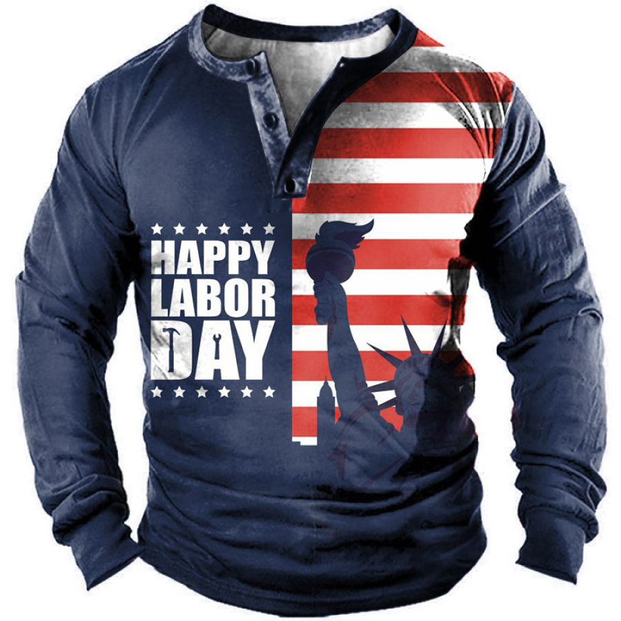 

Men's Outdoor Happy Labor Day Print Henley Long Sleeve T-Shirt