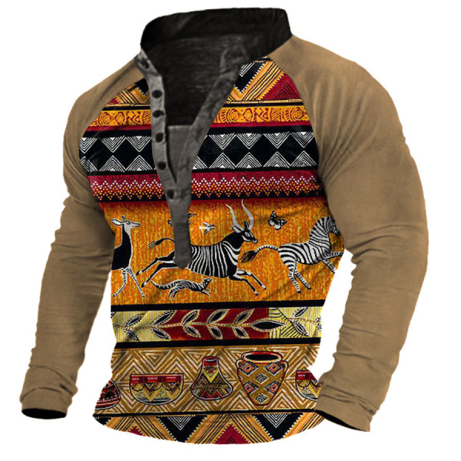 

Men's Ethnic Geometric Animal Print Henley Long Sleeve T-Shirt