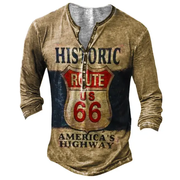 Men's Outdoor Route 66 America Highway Henley Long Sleeve T-Shirt - Chrisitina.com 
