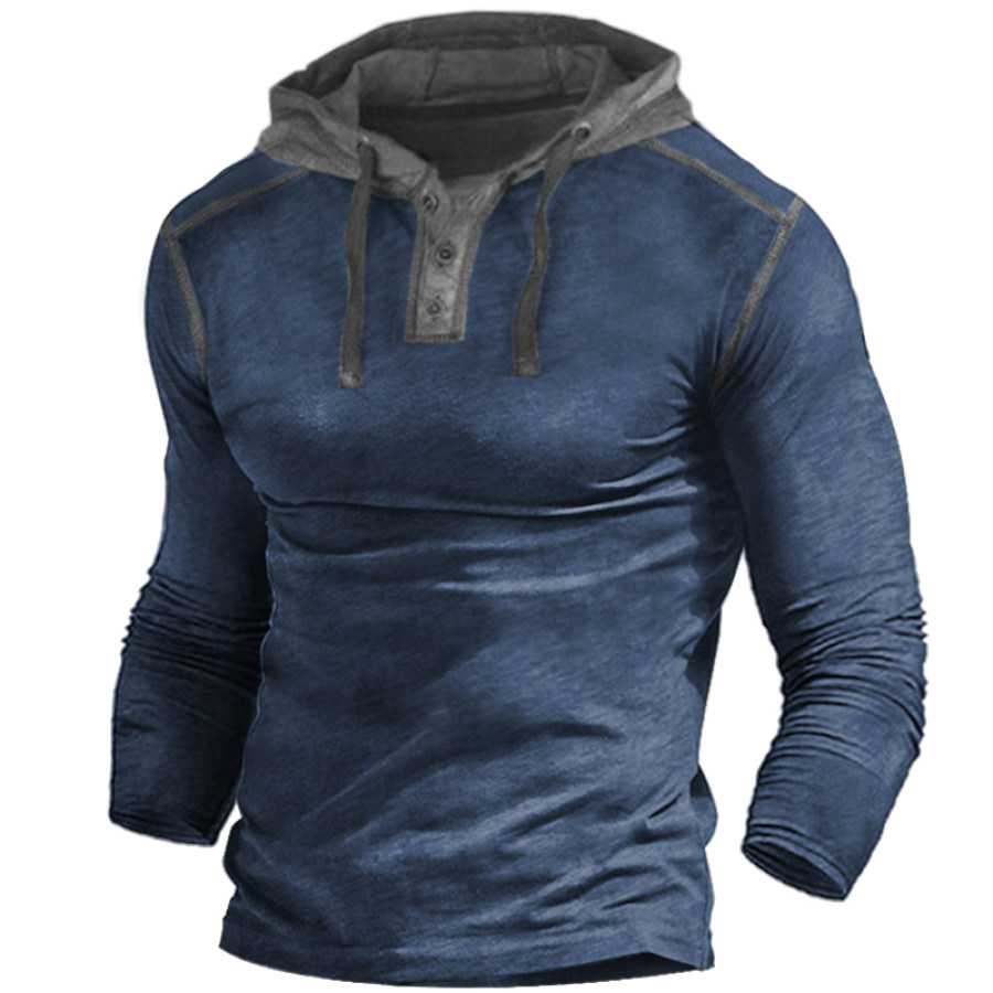 

Men's Outdoor Vintage Colorblock Henley Collar Hooded Long Sleeve T-Shirt