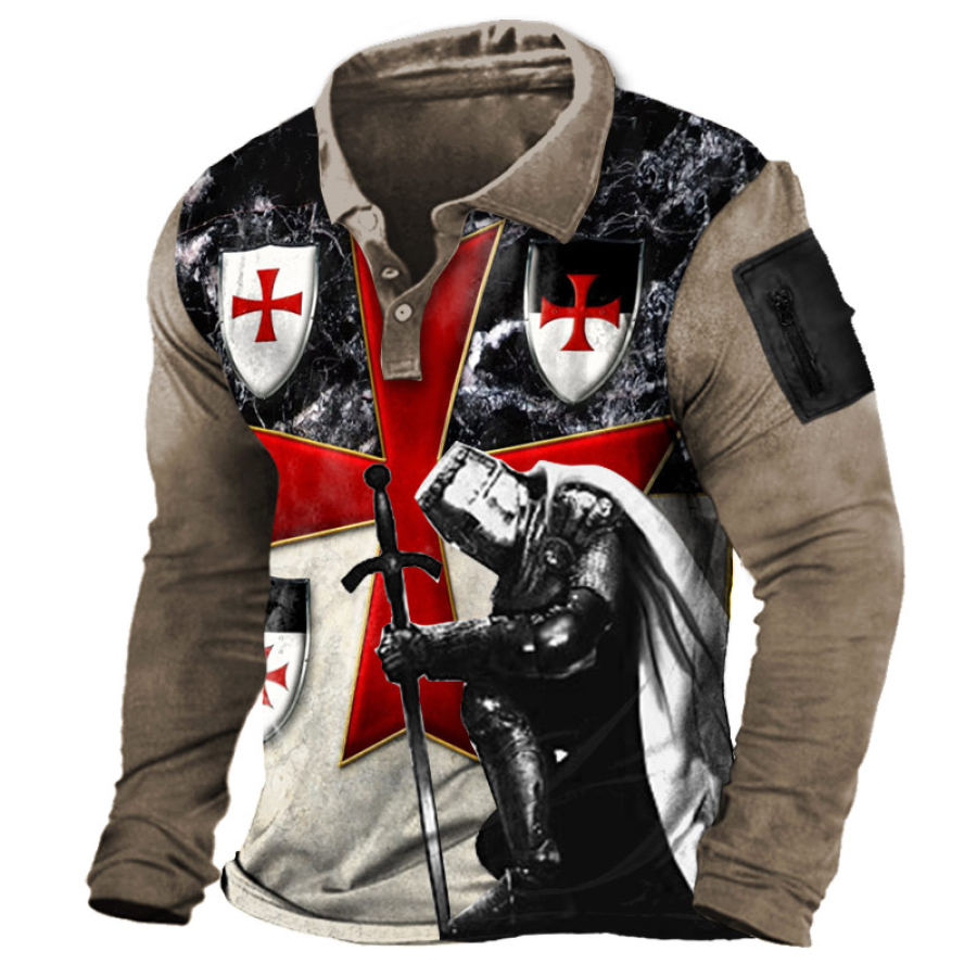 

Men's Templar Cross Graphic Print Polo Neck T-Shirt