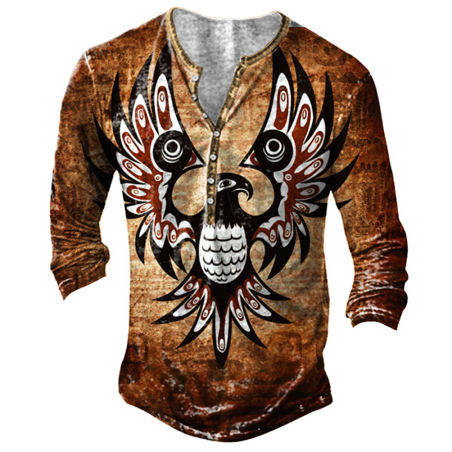 

Men's Native Totem Eagle Print Henley Long Sleeve T-Shirt