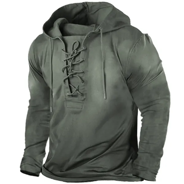 Men's Outdoor Vintage Tie Hooded Long Sleeve T-Shirt - Mosaicnew.com 