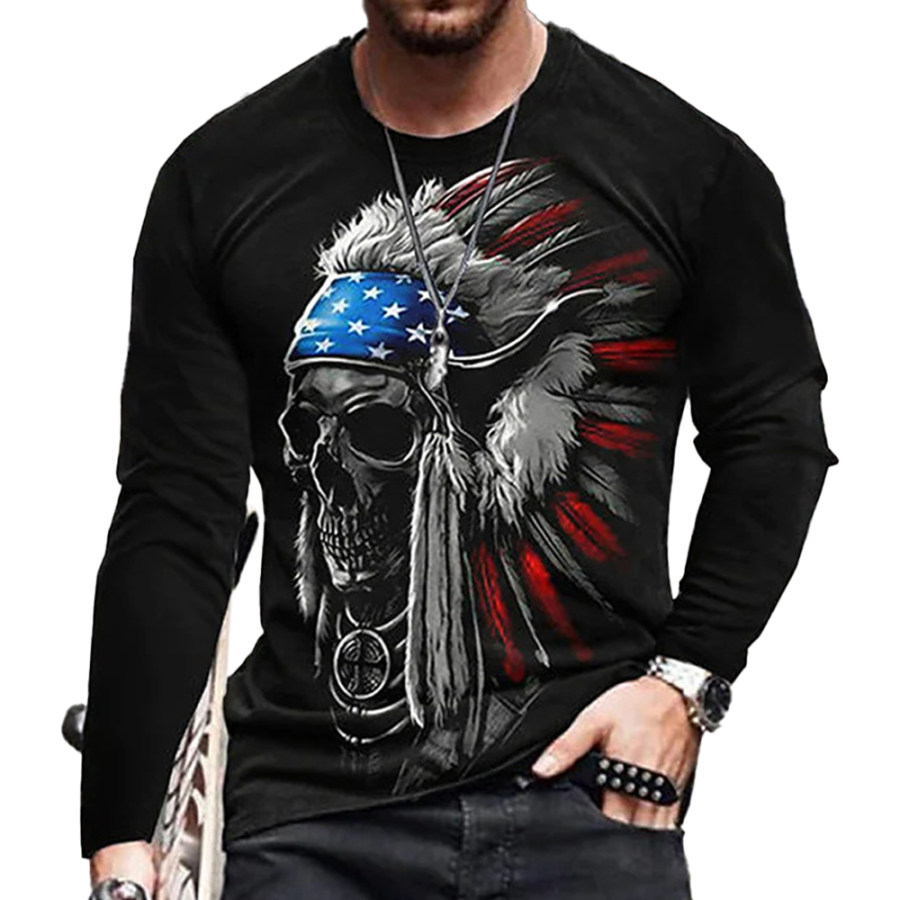 

Men's Vintage Indian Skull Print Long Sleeve T-Shirt