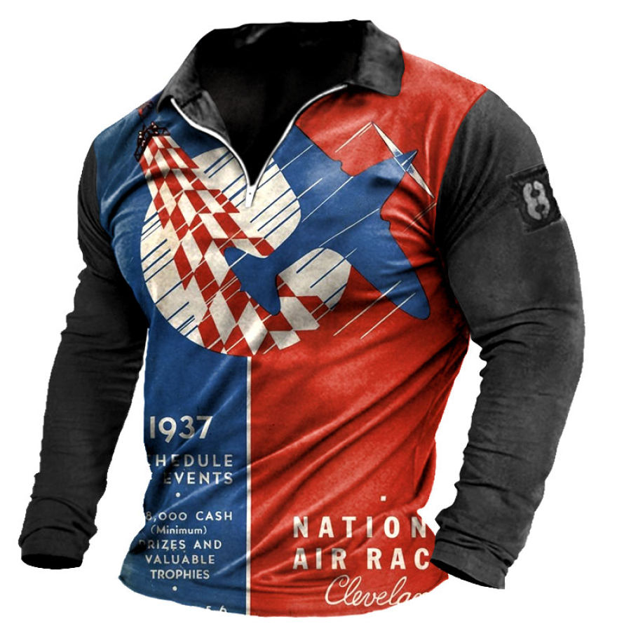 

Men's Retro Contrast Combat Aircraft Print Long Sleeve Half Open Neck T-Shirt