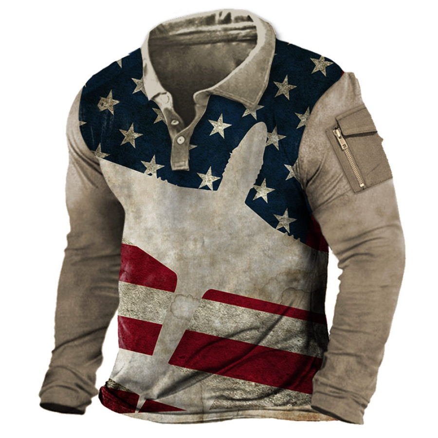 

Men's Vintage Fighter Airplane American Flag Print Polo Neck T-Shirt