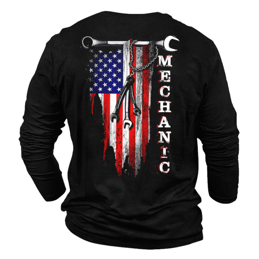 

Mechanic Men's American Flag Print Long Sleeve Cotton T-Shirt