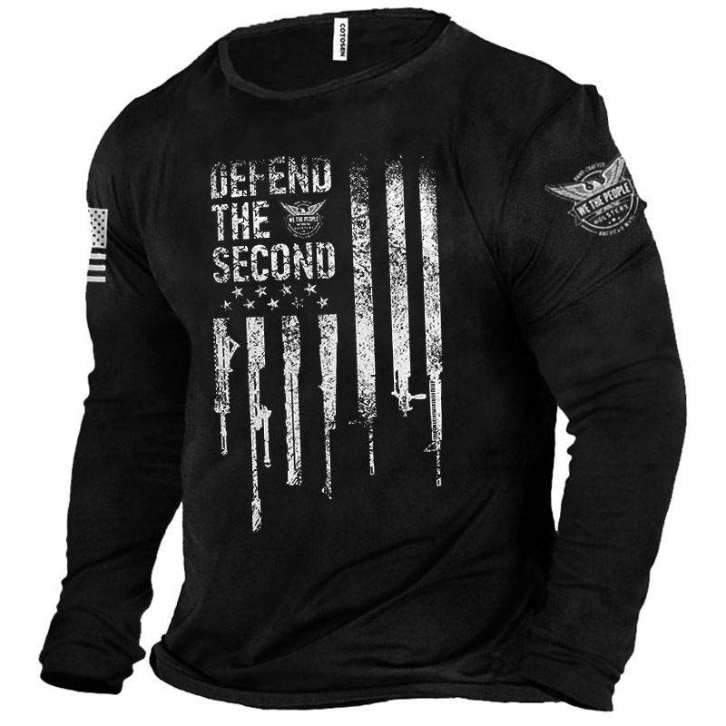Defend The Second Men's Chic American Flag Print Long Sleeve Cotton T-shirt