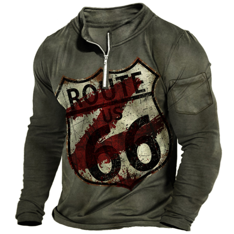 

Men's Vintage Route 66 Road Trip Pocket Zip Collar T-shirt
