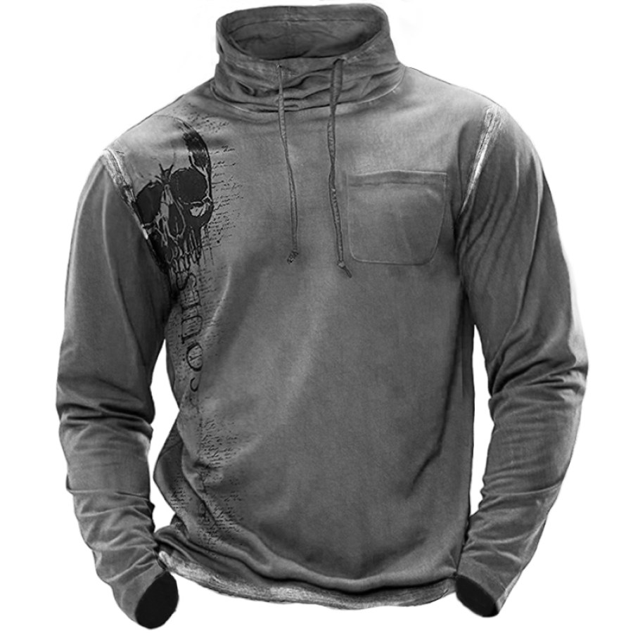 

Men's Skull Drawstring Neck Vintage Washed Pocket T-Shirt