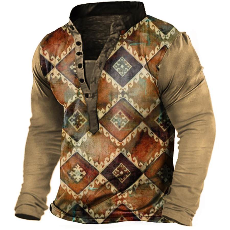 

Men's Vintage Ethnic Geometric Print Henley Long Sleeve T-Shirt