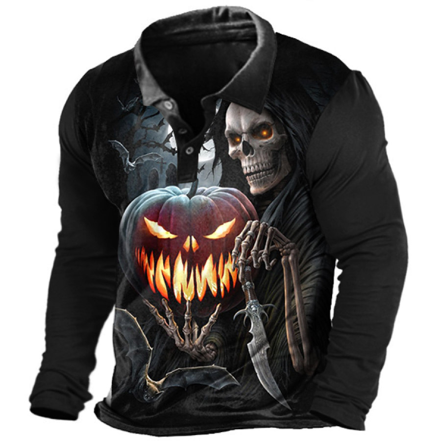 

Men's Outdoor Skull Pumpkin Print Polo Long Sleeve T-Shirt