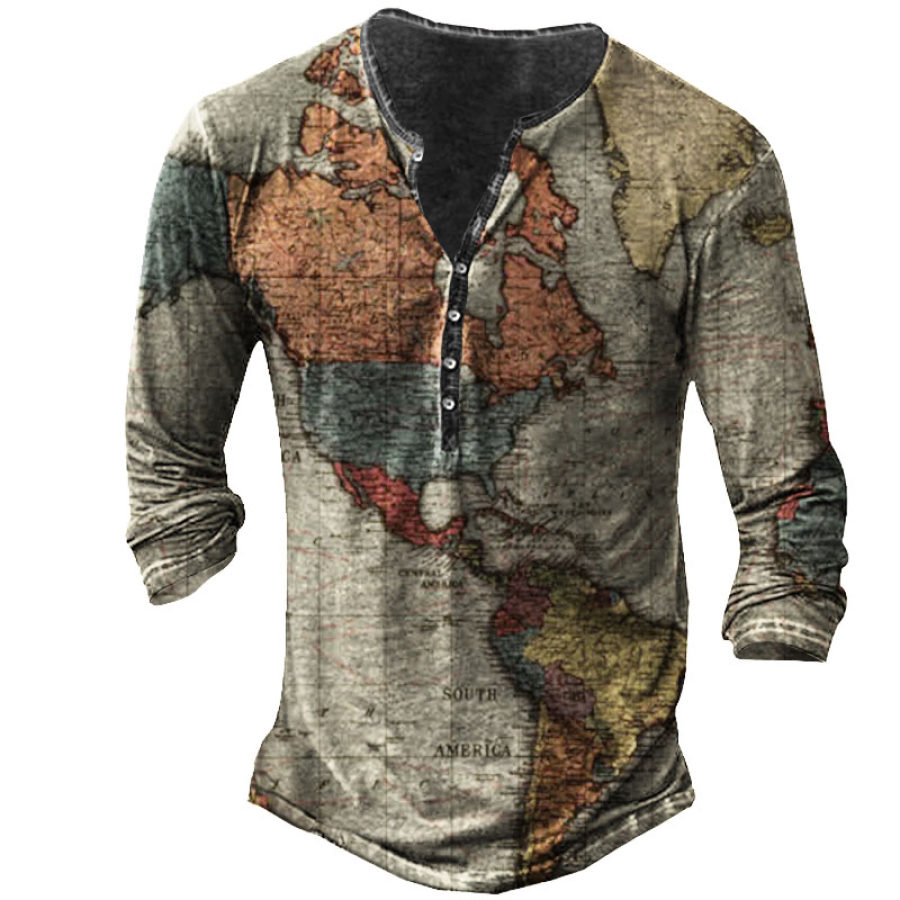 

Men' World Map Henley Long Sleeve Training Shirt