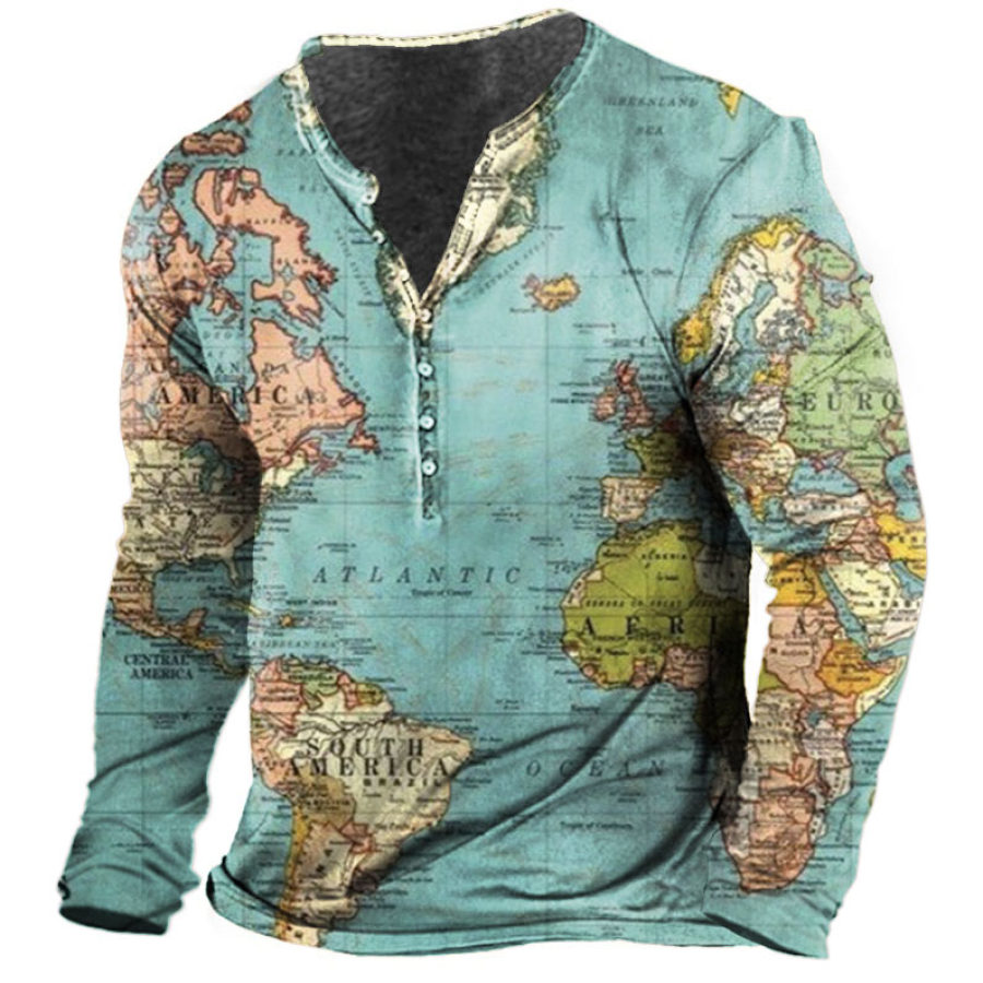 

Men' World Map Henley Long Sleeve Training Shirt