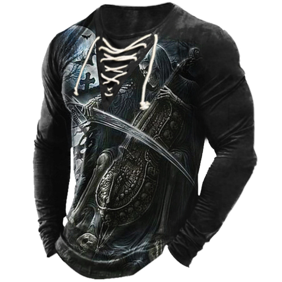 

Men's Dark Skull Print Vintage Lace-Up Crew Neck Long Sleeve T-Shirt