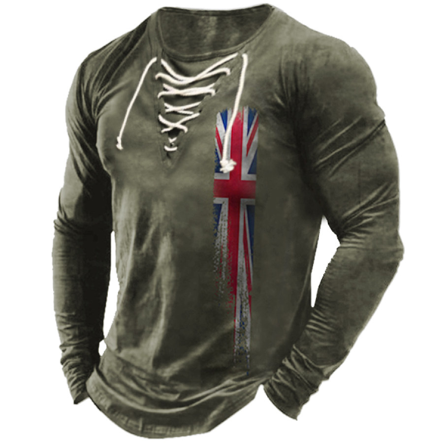 

Men's British Flag Print Vintage Lace-Up Crew Neck Long Sleeve T-Shirt
