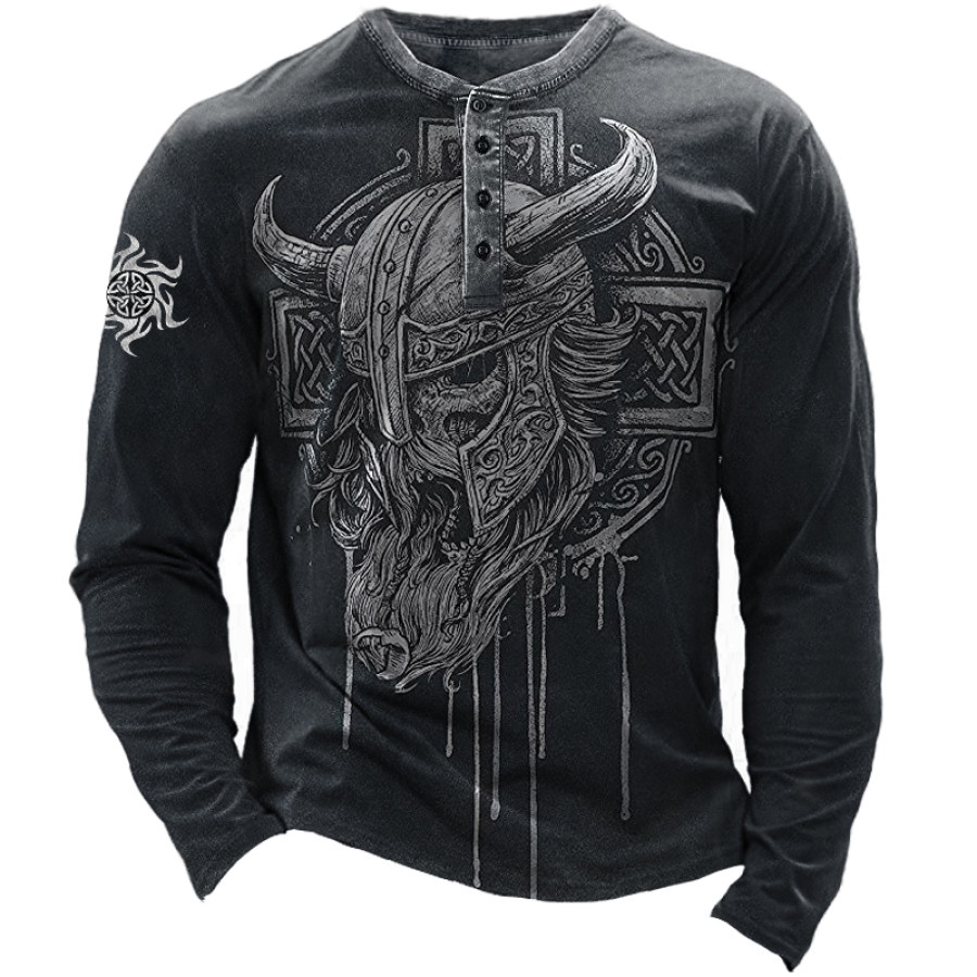 

Men's Vintage Spartan Graphic Print Henley Collar T-Shirt