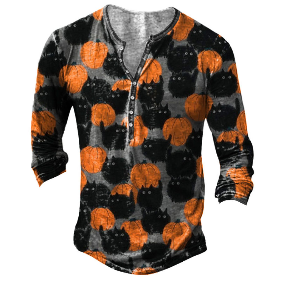 

Men's Halloween Black Cat Pumpkin Henley Long Sleeve T-Shirt