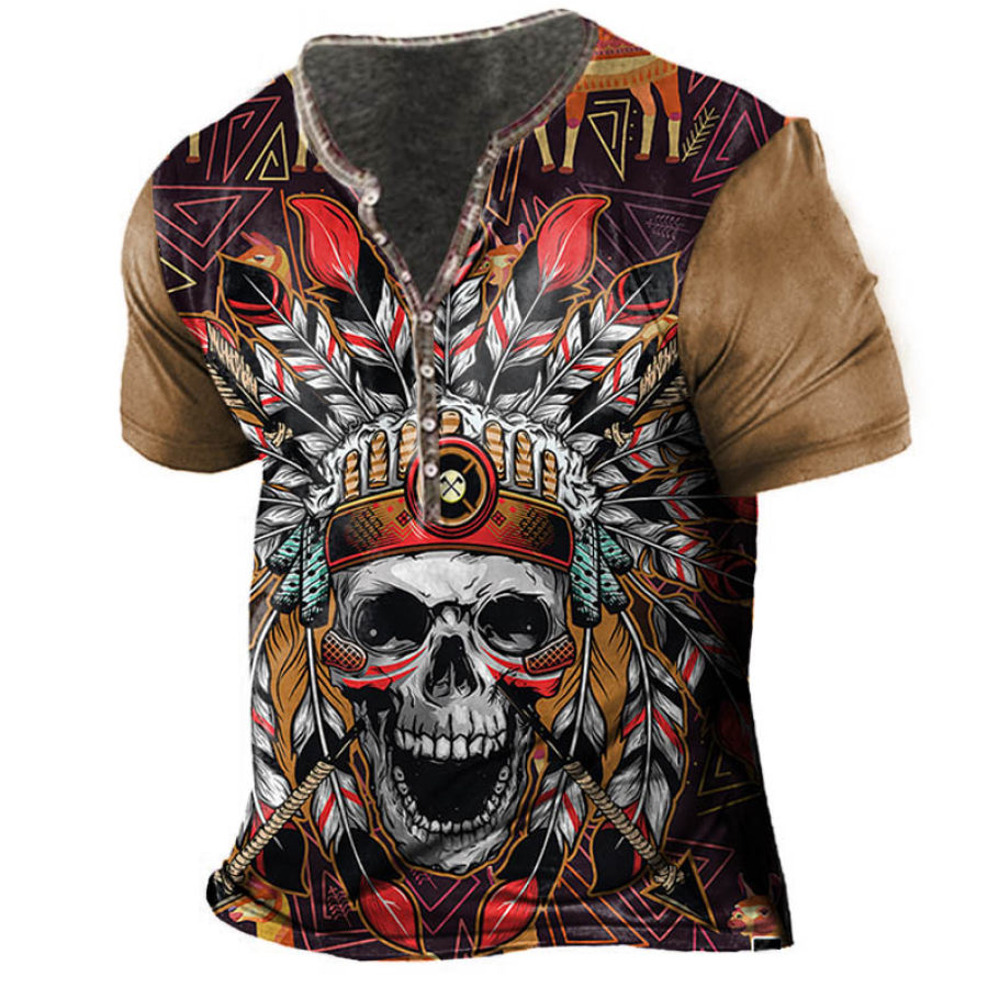 

Men's Skull Tribal Geometric Print Henley T-Shirt