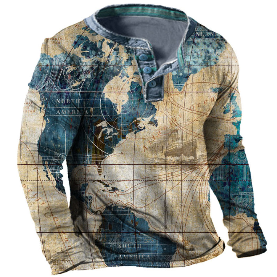 

Men' World Map Henley Long Sleeve Training Shirt