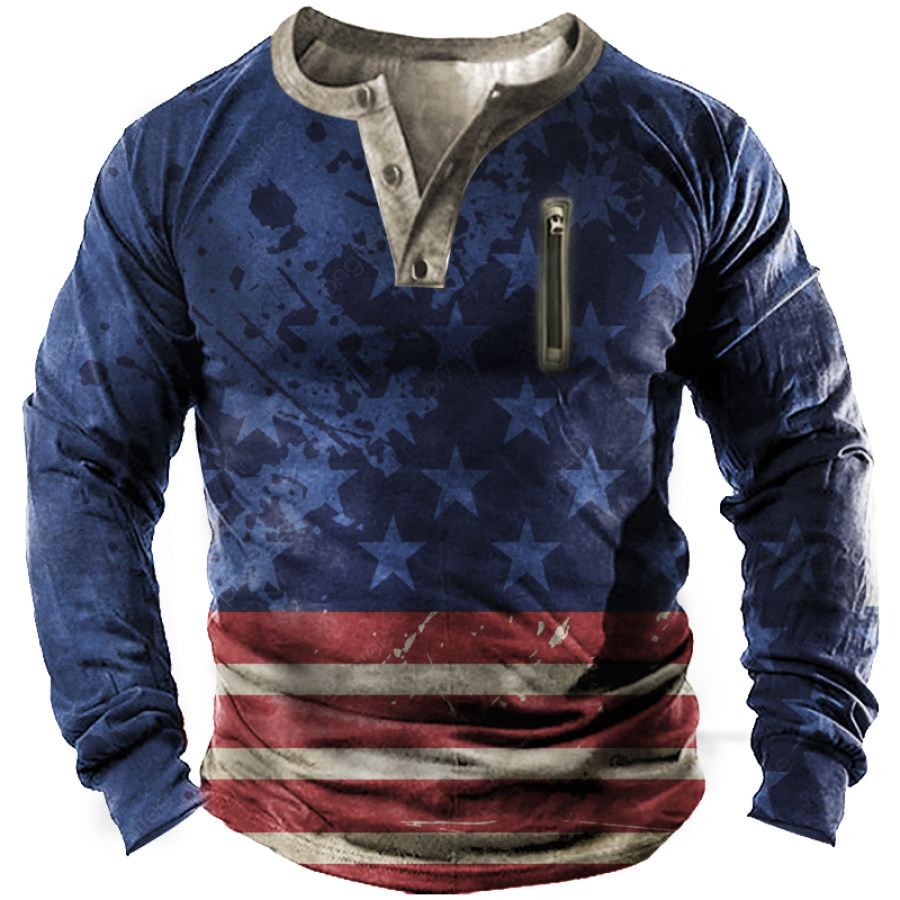 

Men's American Flag Print Henley Zip Pocket Tactical Long Sleeve T-Shirt