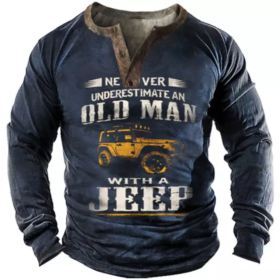 

Old Man's Jeep Men's Vintage Print Henley Long Sleeve T-shirt
