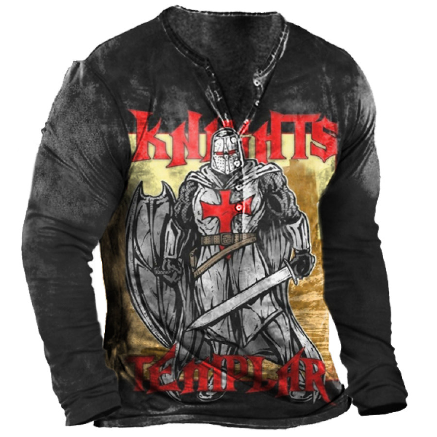 

Men's Vintage Knights Templar Cross Henley Collar Long Sleeve T-Shirt