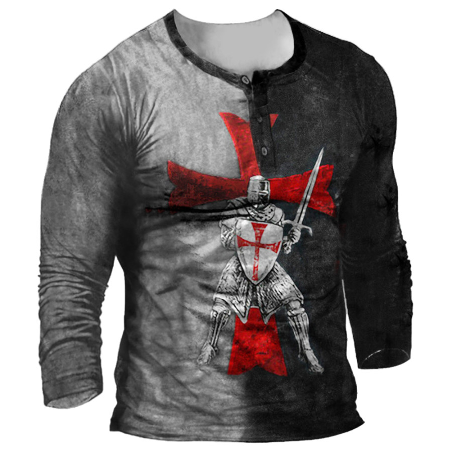 

Men's Vintage Knights Templar Cross Henley Collar Long Sleeve T-Shirt