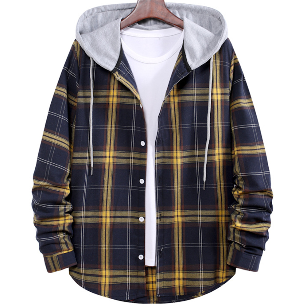 Men's Outdoor Classic Plaid Chic Hooded Colorblock Long Sleeve Shirt