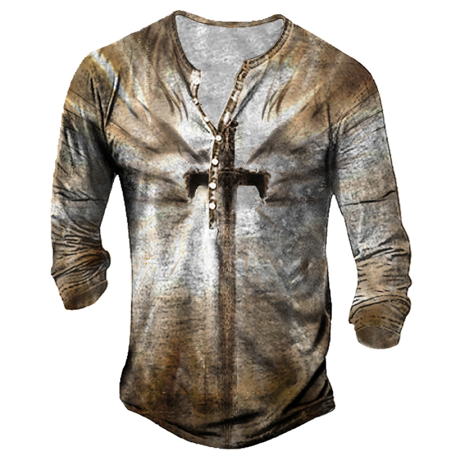 

Men's Vintage Jesus Cross Print Henley Collar Long Sleeve T-Shirt