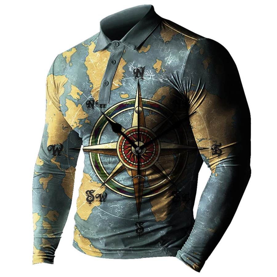 

Men's Vintage Nautical Compass Print Polo Long Sleeve T-Shirt